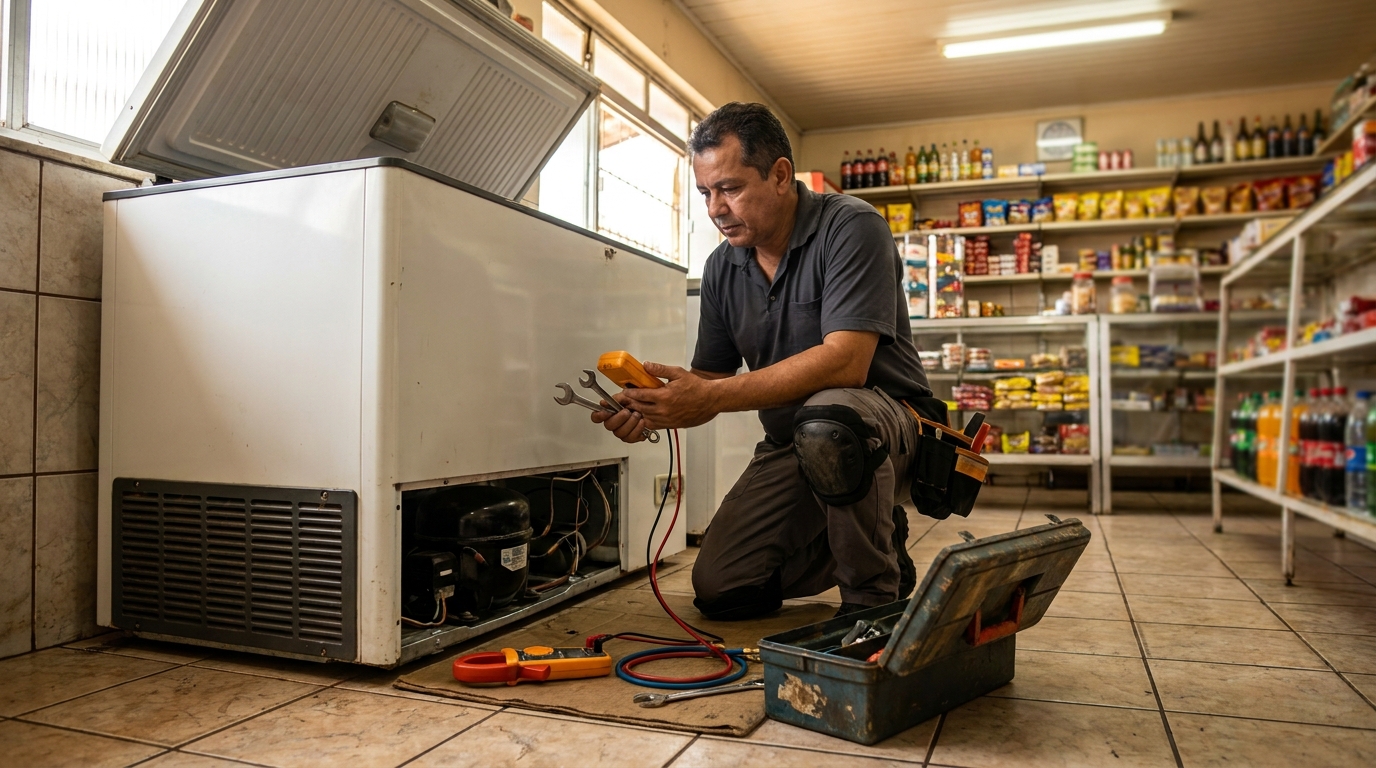 Técnico realizando manutenção de motor de freezer em Montes Claros‑MG